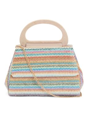 Multicolor Woven Shoulder Bag with Gold Chain and Wood Handle